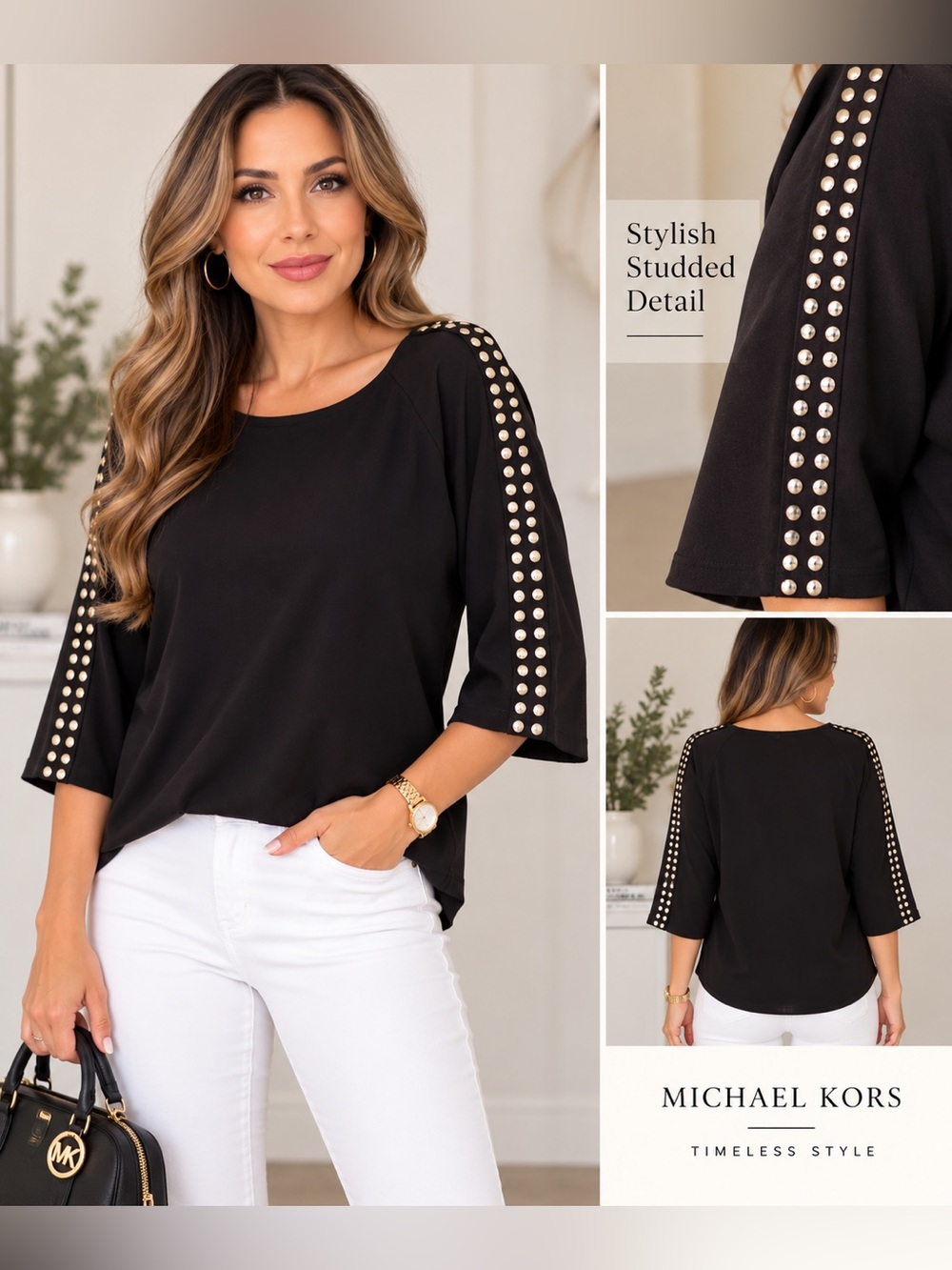 Michael Kors Black Top with Gold Studded Sleeve Detail size L